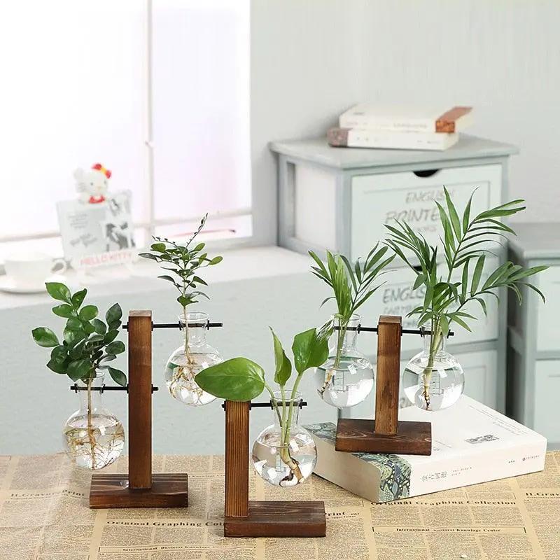 Glass Planter Bulb Vase with Wooden Stand