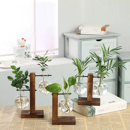 Glass Planter Bulb Vase with Wooden Stand