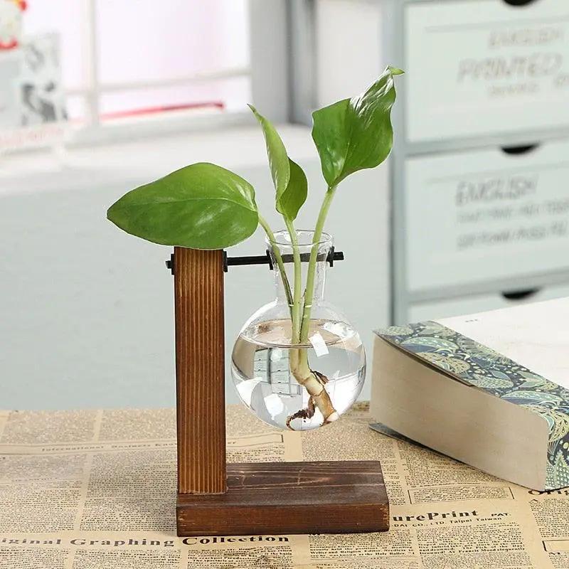 Glass Planter Bulb Vase with Wooden Stand