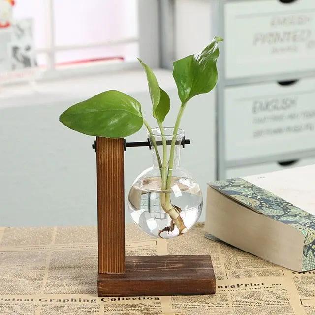 Glass Planter Bulb Vase with Wooden Stand