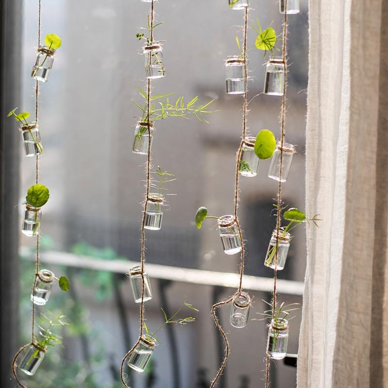 Glass planters hanging on jute rope with green plants, set of 3, 55in long, RusticReach on Tampa Home & Garden Store