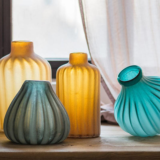Glass vases hand blown frosted art glass RusticReach four ribbed amber, teal and turquoise on Tampa Home & Garden Store