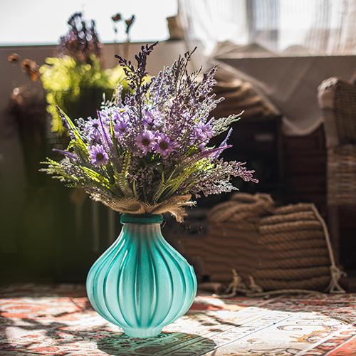 Glass vase hand blown frosted art glass, turquoise ribbed bulb vase with lavender bouquet on Tampa Home & Garden Store