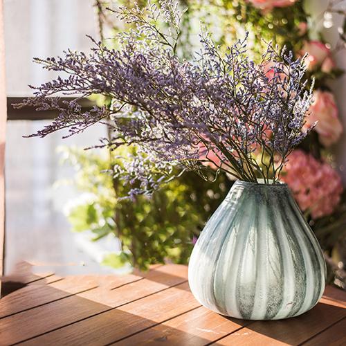 Glass Vase Hand Blown Frosted Art Glass, green striped bulbous vase with purple branches on Tampa Home & Garden Store