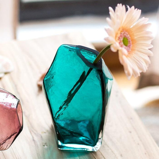 Teal hand-blown glass vase by RusticReach; pink companion vase nearby, 2-piece display on Tampa Home & Garden Store