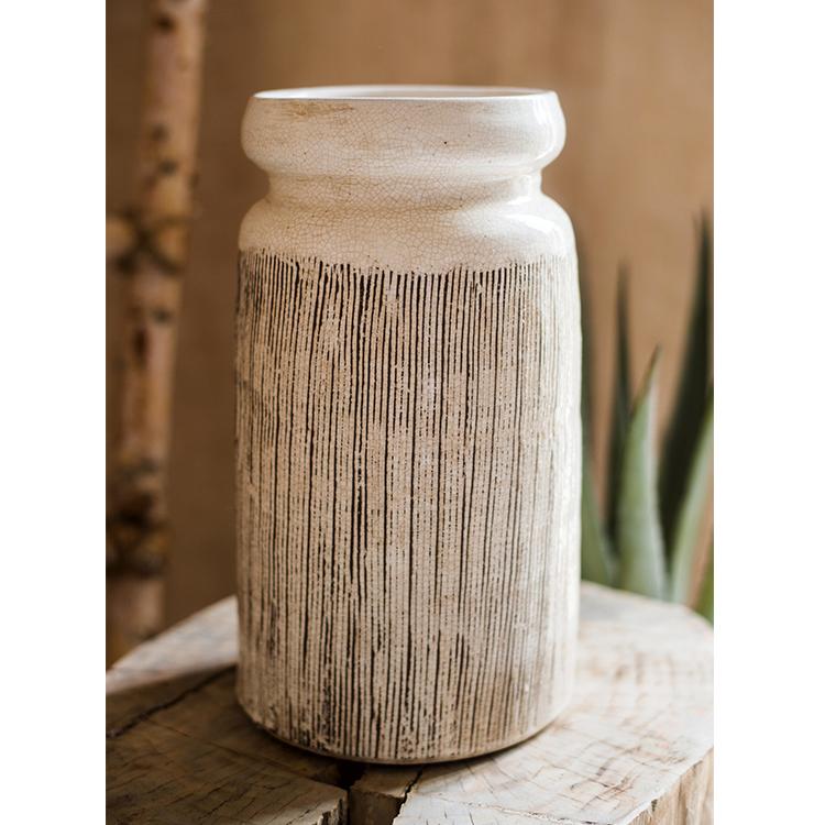 Glazed ceramic vase white with vertical brown stripes, RusticReach brand on Tampa Home & Garden Store
