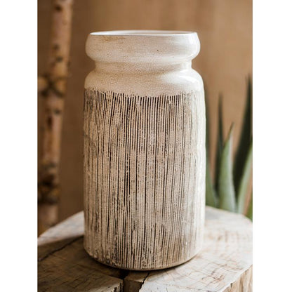 Glazed ceramic vase white with vertical brown stripes, RusticReach brand on Tampa Home & Garden Store