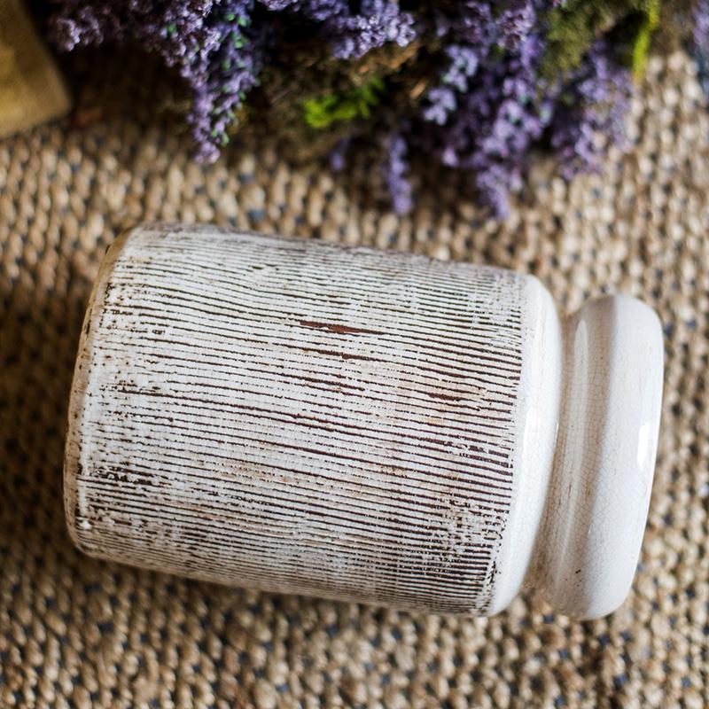 Glazed ceramic vase white with brown striped pattern RusticReach on Tampa Home & Garden Store