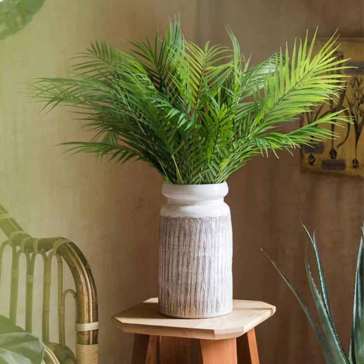 Glazed ceramic abstract brown stripe white vase with ribbed texture RusticReach on Tampa Home & Garden Store