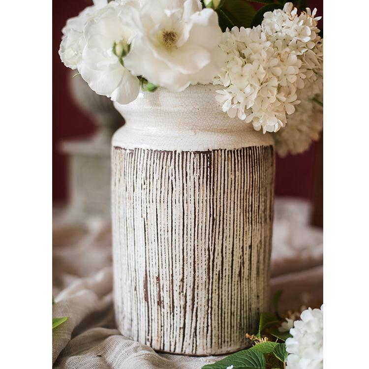 Glazed Ceramic Abstract Brown Stripe White Vase with vertical brown stripes RusticReach on Tampa Home & Garden Store