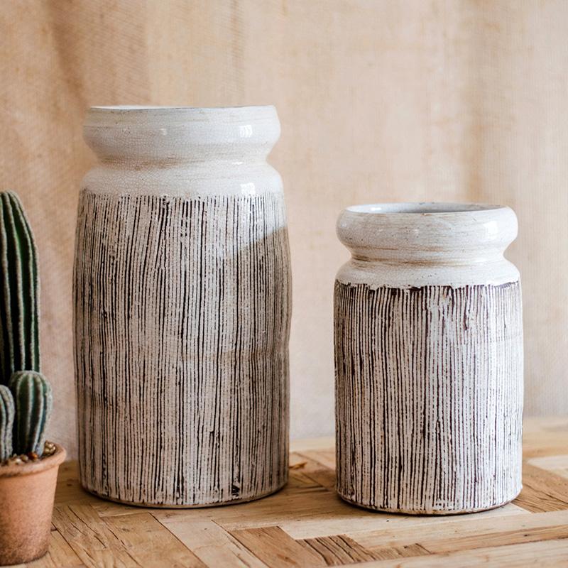 Glazed ceramic vases set of two with white glaze and abstract brown vertical stripes, RusticReach on Tampa Home & Garden Store