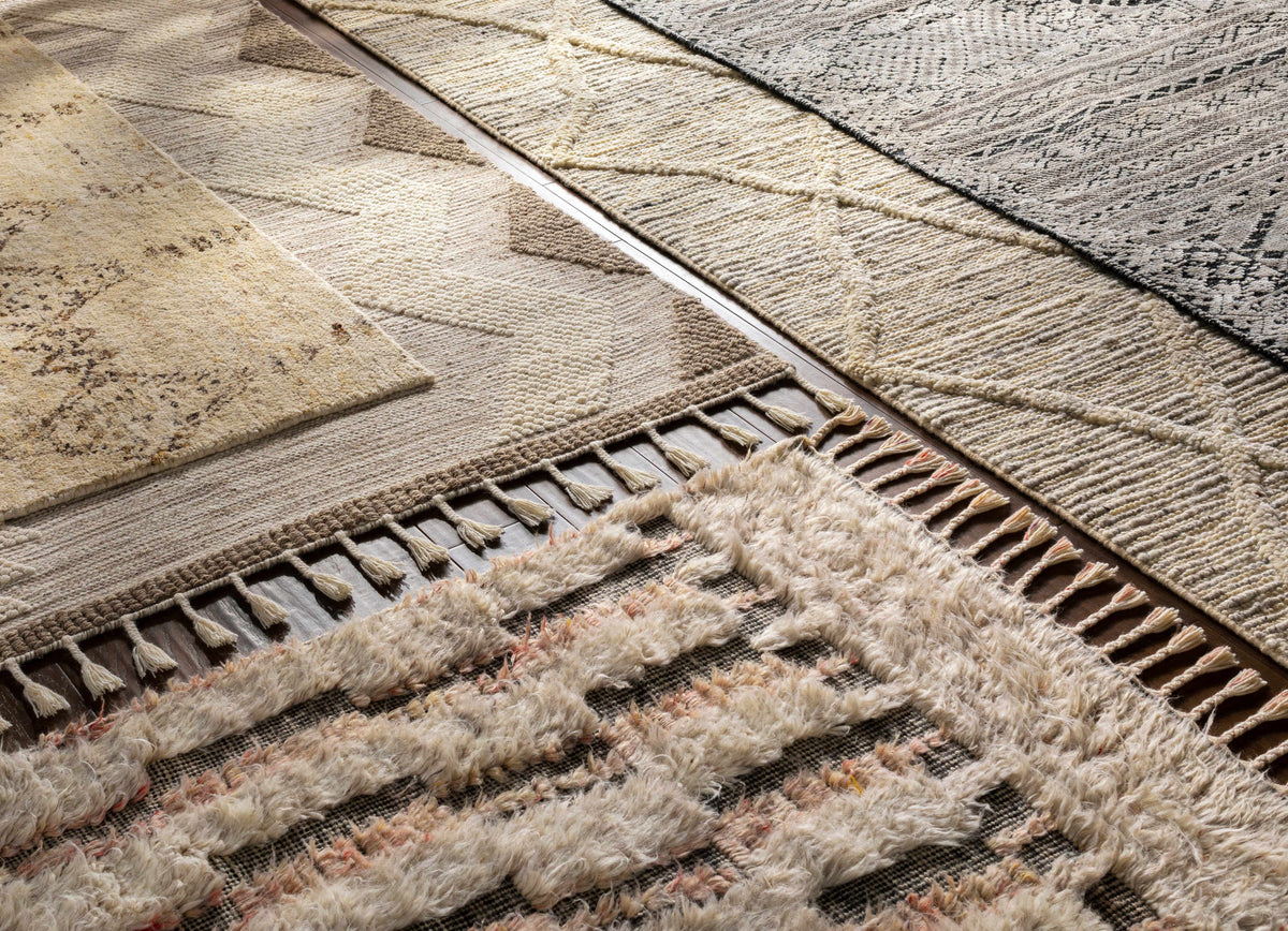 Hemyock Wool&Viscose Carpet rug beige with geometric texture tassels Boutique Rugs on Tampa Home & Garden Store