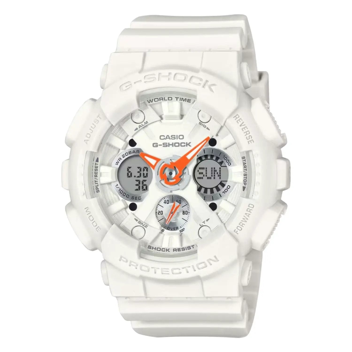 Casio G-Shock white women's watch with orange hands and digital subdials on resin strap on Tampa Home & Garden Store
