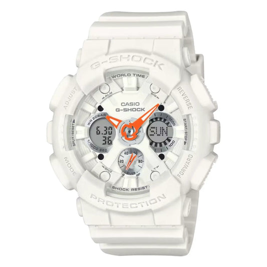 Casio G-Shock white women's watch with orange hands and digital subdials on resin strap on Tampa Home & Garden Store