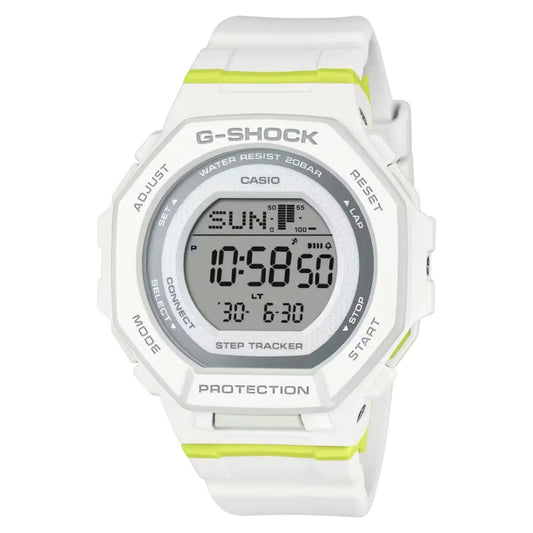 Casio Men's Squad watch, white G-Shock style digital timepiece with neon lime accents on Tampa Home & Garden Store