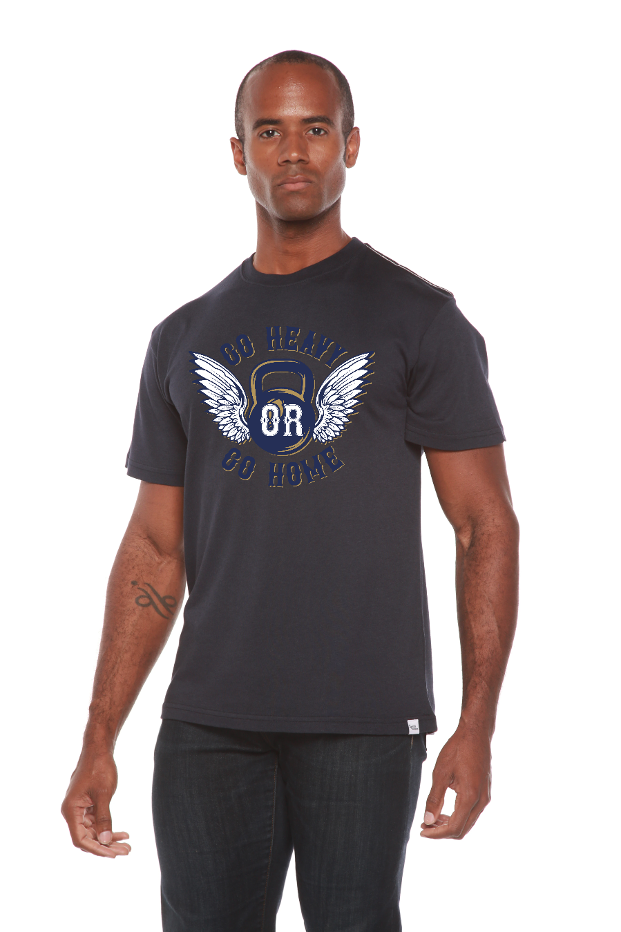 GO HEAVY Bamboo Viscose/Organic Cotton graphic tee with winged kettlebell in dark charcoal on Tampa Home & Garden Store