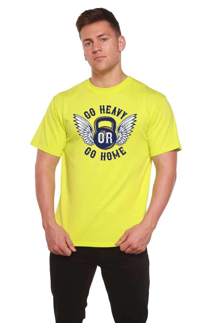 GO HEAVY neon yellow short sleeve graphic T-shirt with kettlebell and wing design on Tampa Home & Garden Store