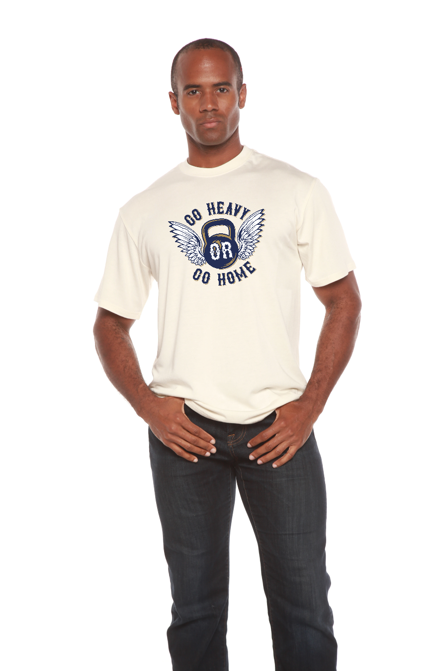 Go Heavy men's bamboo tee with navy winged kettlebell print, cream, by Spun Bamboo on Tampa Home & Garden Store