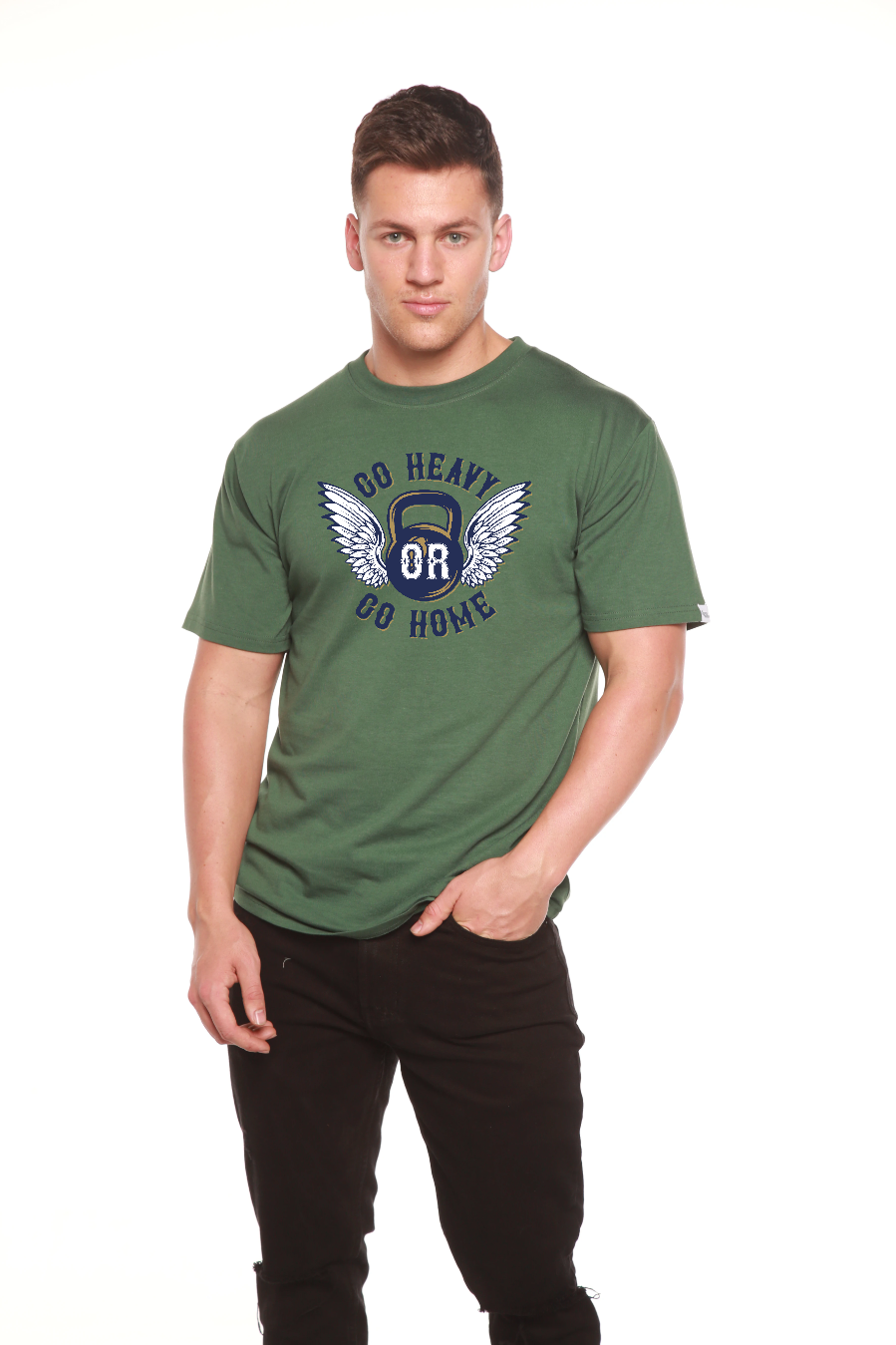 GO HEAVY men's bamboo viscose/organic cotton tee with winged kettlebell, Spun Bamboo on Tampa Home & Garden Store
