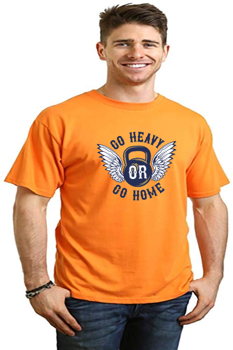 Men's orange bamboo viscose/organic cotton graphic T-shirt by Spun Bamboo with navy go heavy or go home wings print on Tampa Home & Garden Store