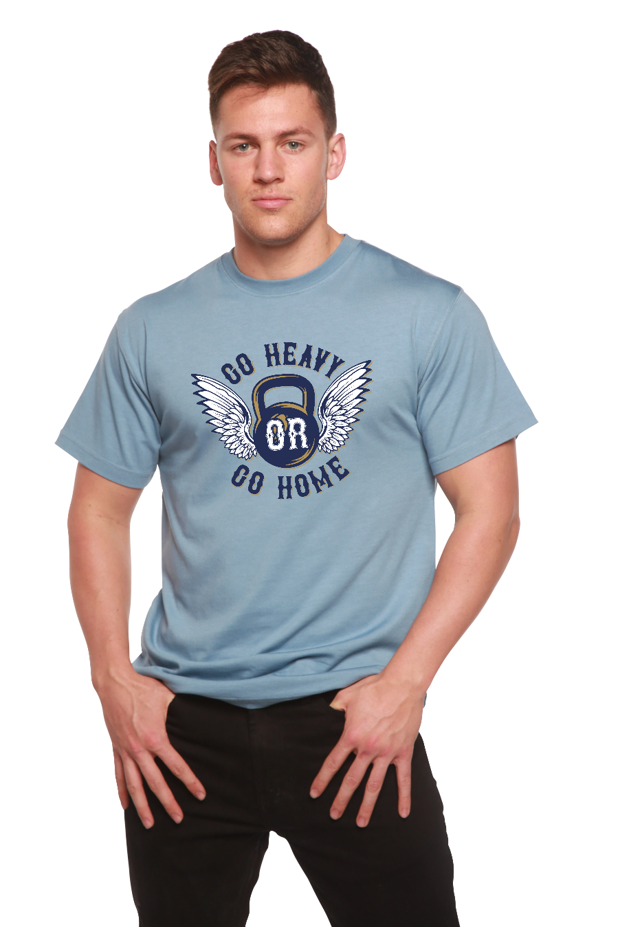 GO HEAVY bamboo viscose/organic cotton tee in blue with winged kettlebell by Spun Bamboo on Tampa Home & Garden Store