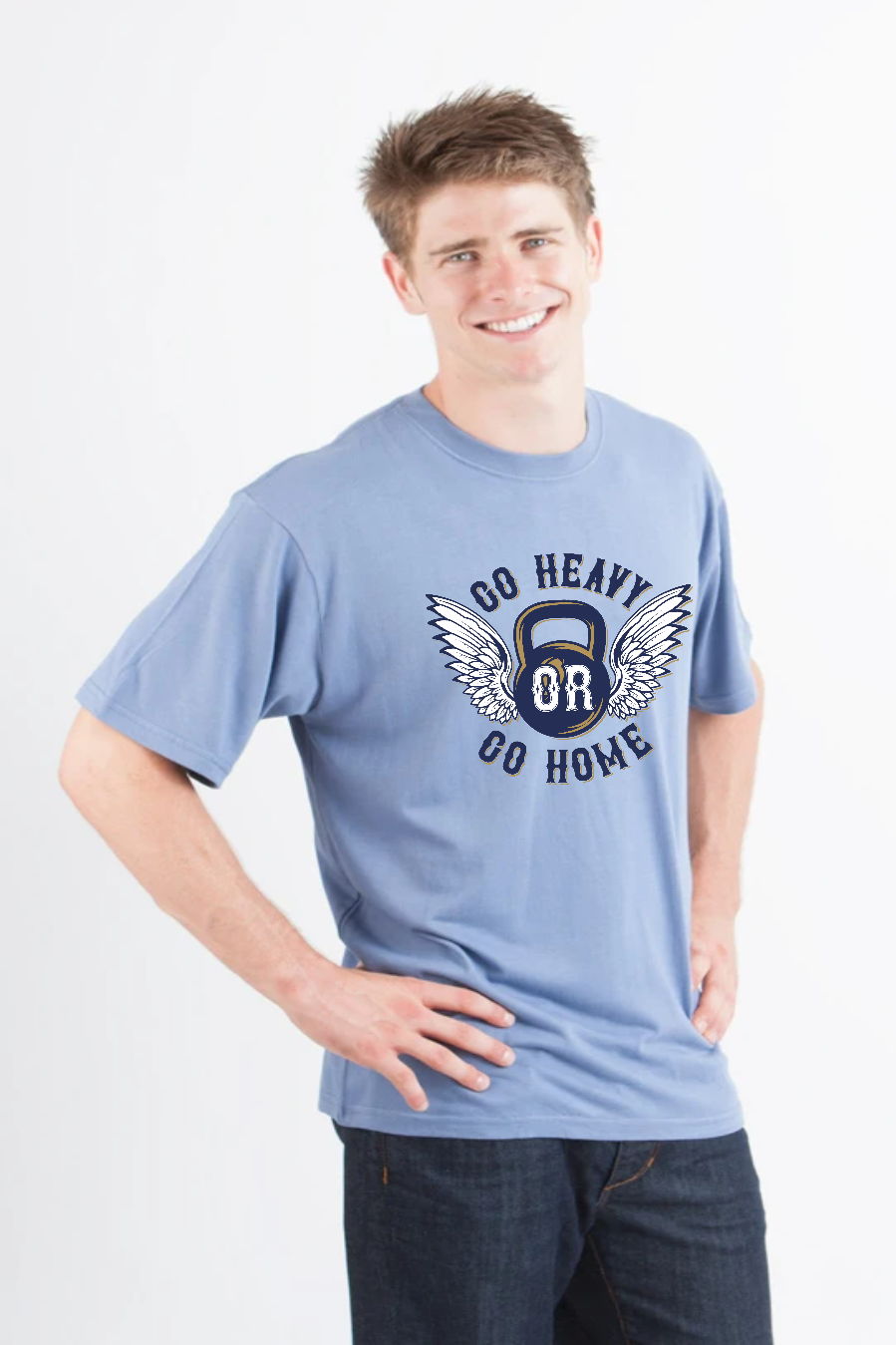 GO HEAVY men's bamboo viscose organic cotton graphic tee with winged kettlebell print on blue on Tampa Home & Garden Store