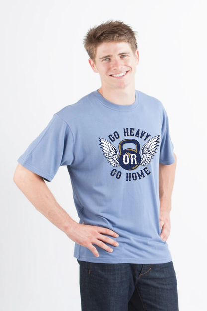 GO HEAVY men's bamboo viscose organic cotton graphic tee with winged kettlebell print on blue on Tampa Home & Garden Store