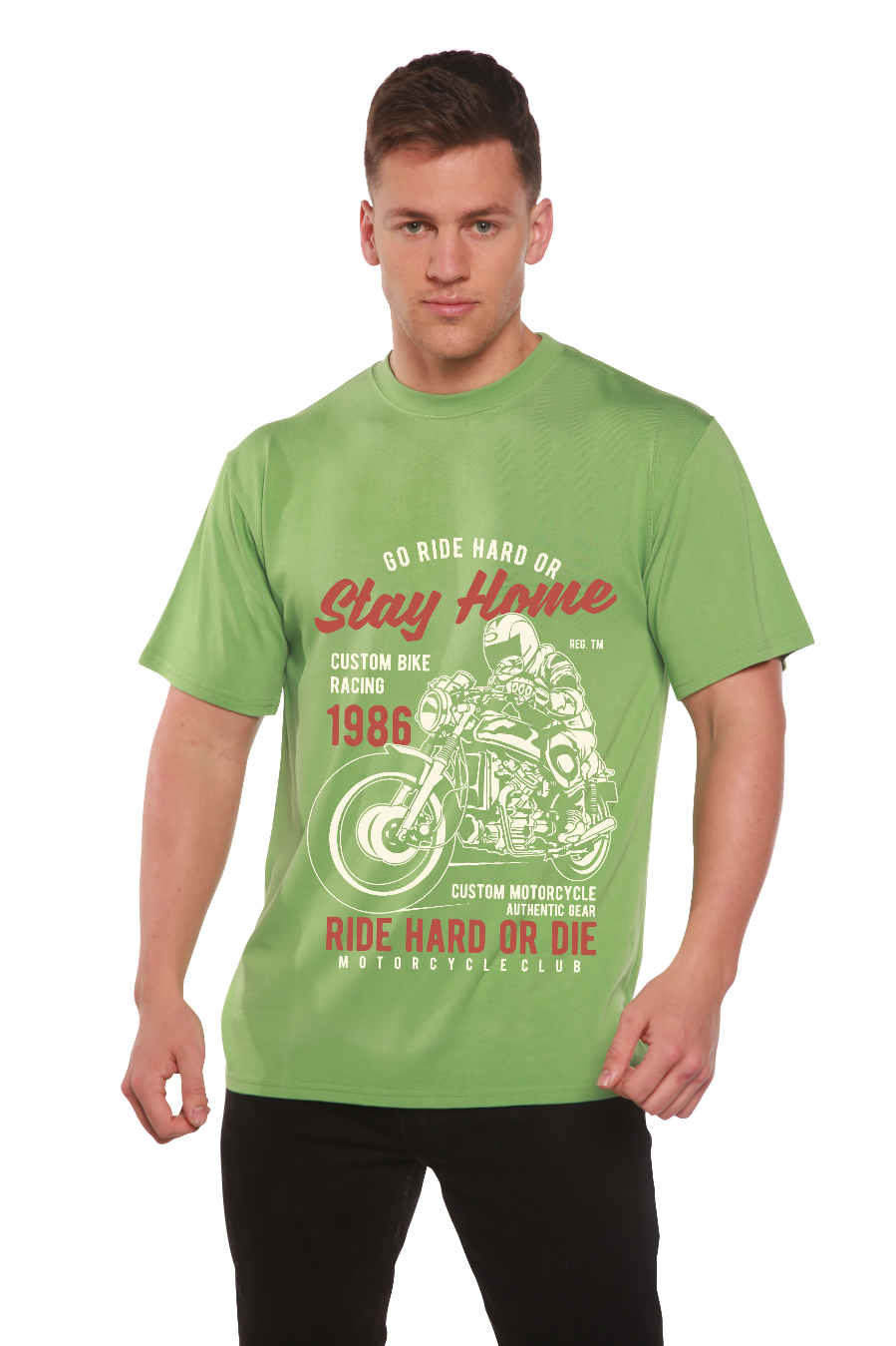 Men's green bamboo viscose/organic cotton graphic T-shirt with motorcycle art by Spun Bamboo on Tampa Home & Garden Store