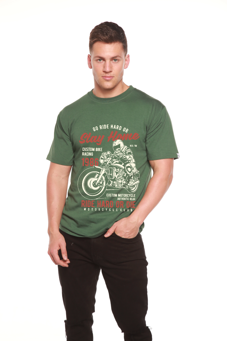 Go Ride Hard men's bamboo viscose/organic cotton tee olive green with motorcycle print on Tampa Home & Garden Store
