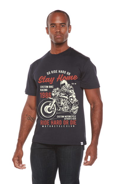 Men's Go Ride Hard graphic T-shirt by Spun Bamboo navy bamboo viscose/organic cotton with motorcycle print on Tampa Home & Garden Store