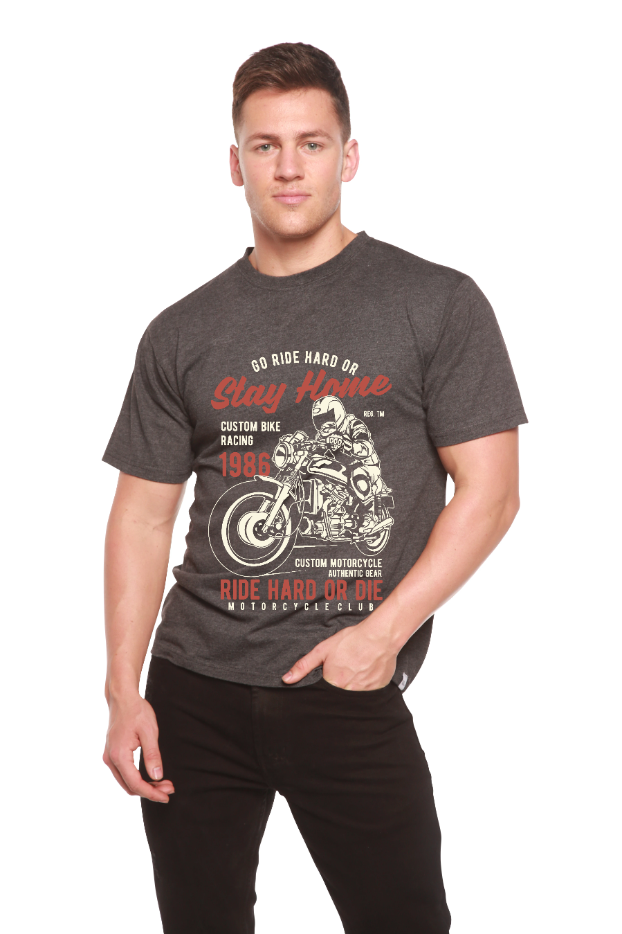 Go Ride Hard men's bamboo viscose/organic cotton tee with motorcycle graphic by Spun Bamboo on Tampa Home & Garden Store