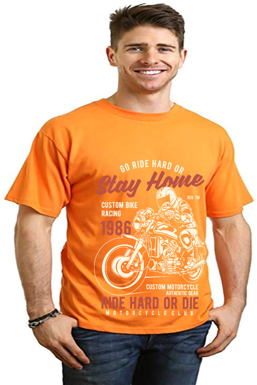 Go Ride Hard men's orange bamboo tee with motorcycle graphic by Spun Bamboo on Tampa Home & Garden Store