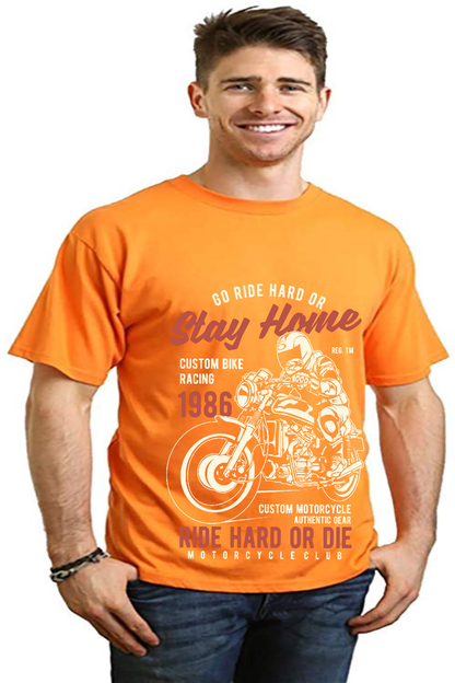 Go Ride Hard men's orange bamboo tee with motorcycle graphic by Spun Bamboo on Tampa Home & Garden Store