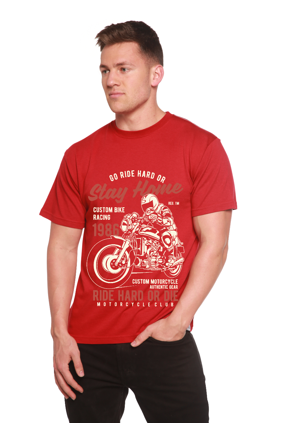 Men's red Go Ride Hard graphic T-shirt in bamboo viscose/organic cotton with motorcycle print on Tampa Home & Garden Store