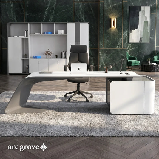 Gödel Standalone Executive Desk by Arc Grove, white desk with curved leg in modern office on Tampa Home & Garden Store