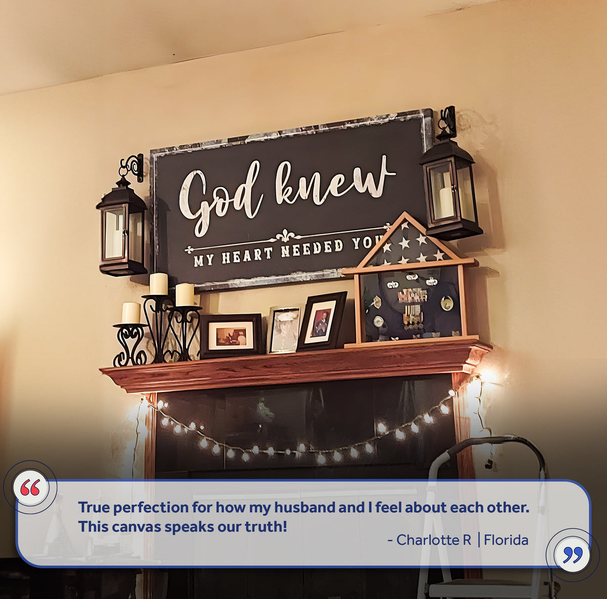 God Knew Sign III canvas by Tailored Canvases, dark chalkboard sign with white script on mantel on Tampa Home & Garden Store