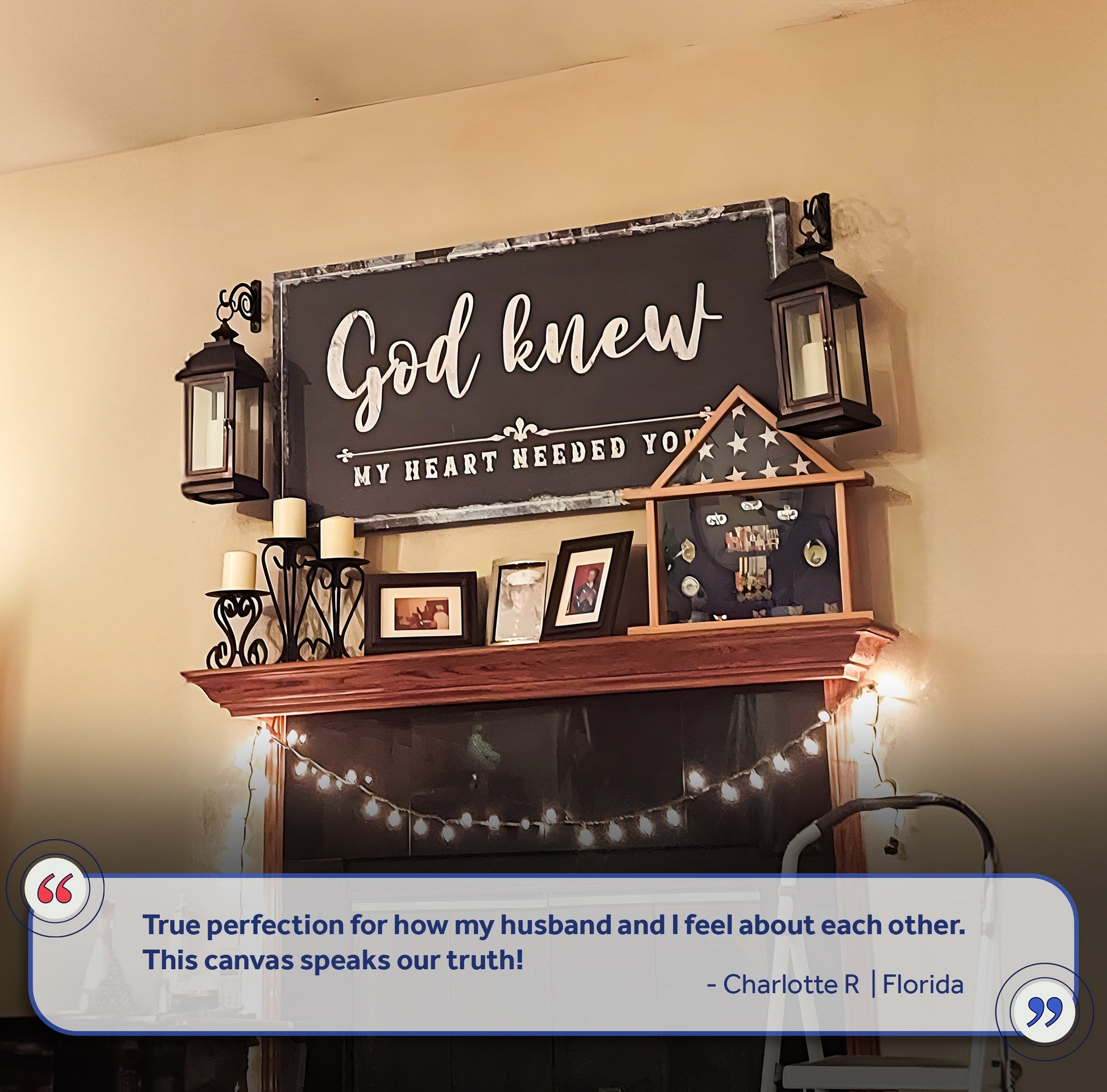 God Knew Sign III canvas by Tailored Canvases, dark chalkboard sign with white script on mantel on Tampa Home & Garden Store