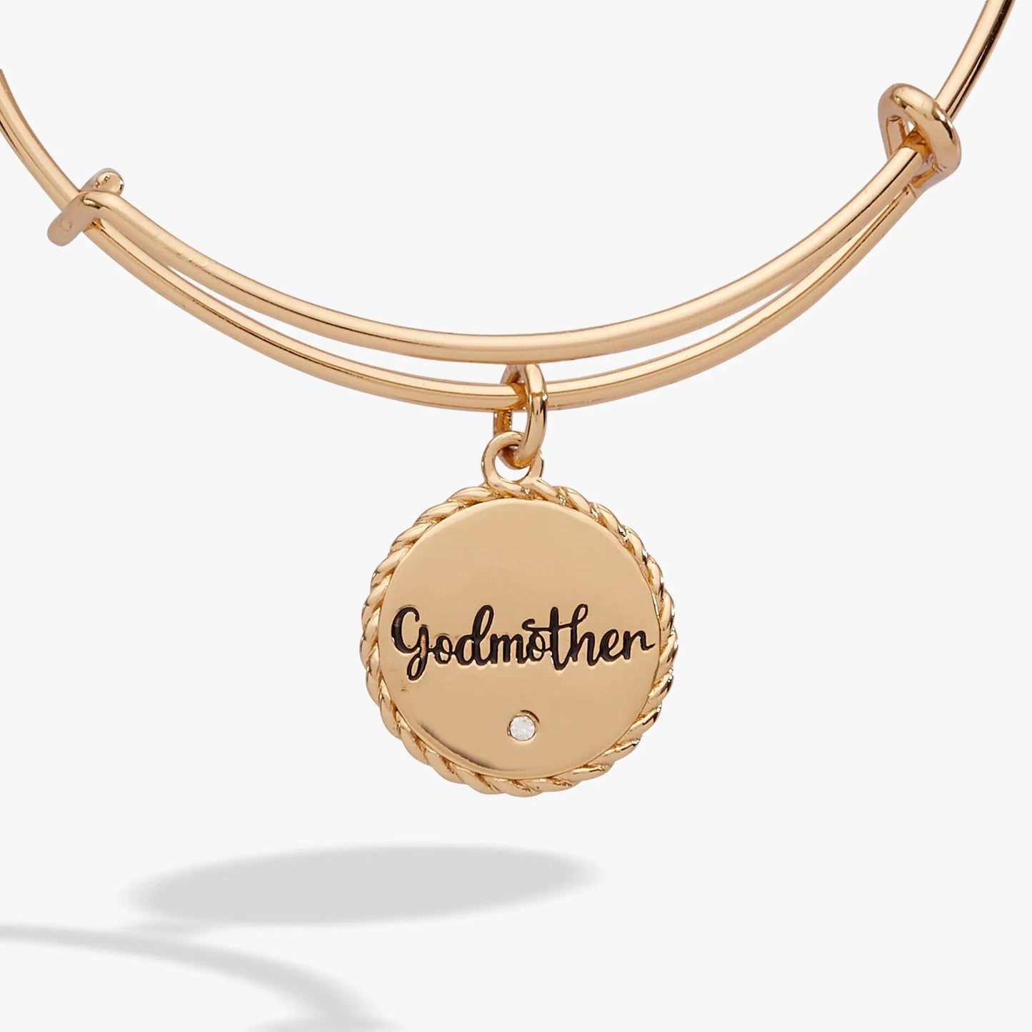 Rose-gold tone double-band charm bangle with round rope-edge pendant Godmother and crystal on Tampa Home & Garden Store