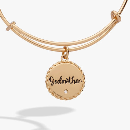 Rose-gold tone double-band charm bangle with round rope-edge pendant Godmother and crystal on Tampa Home & Garden Store