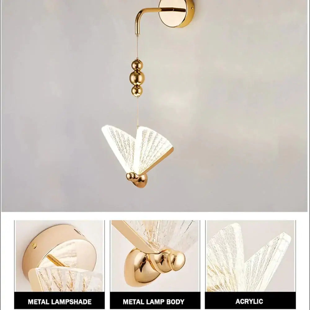 Gold butterfly LED wall light Decorbites; gold metal body with acrylic shade on wall mount on Tampa Home & Garden Store
