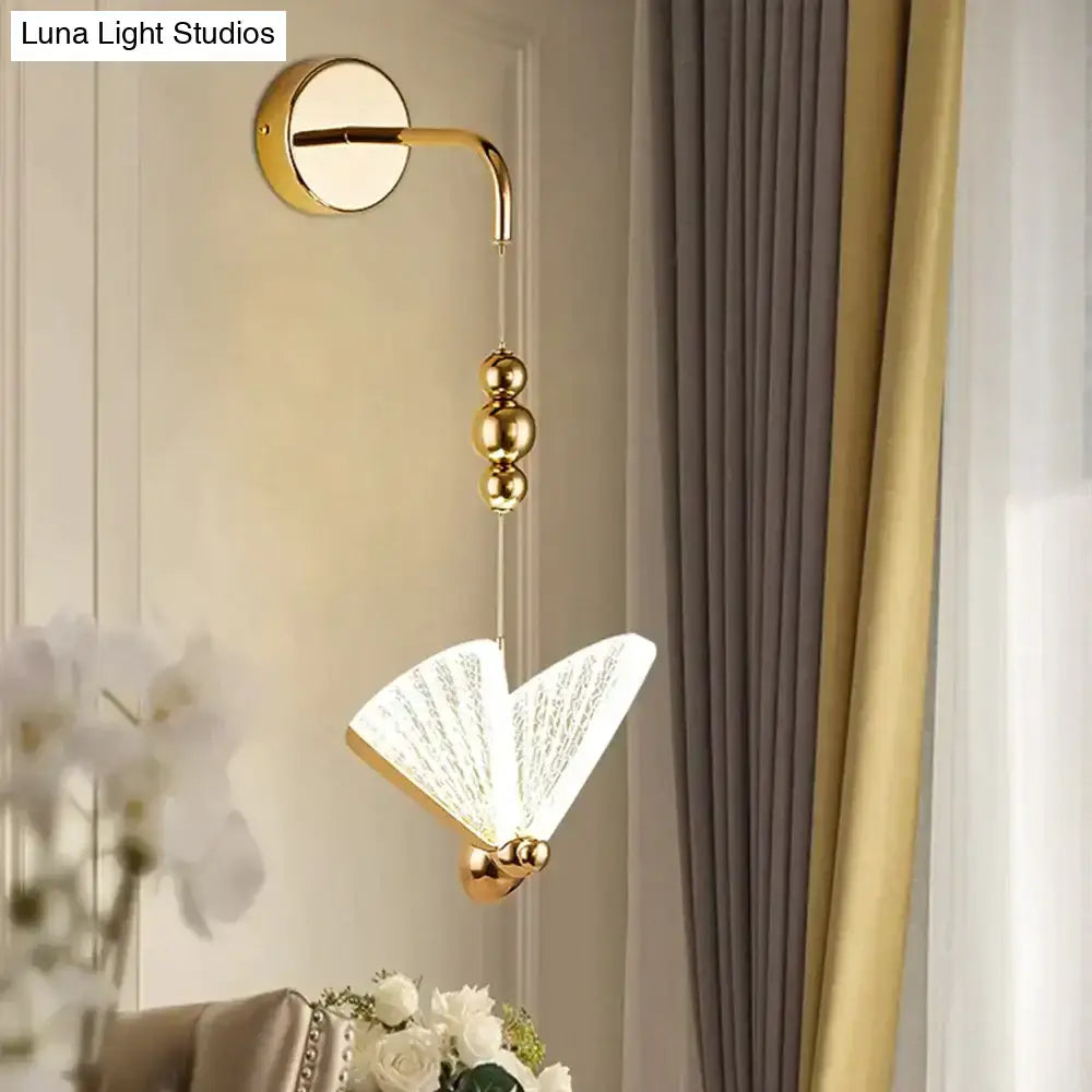 Gold Butterfly LED Wall Light by Decorbites; curved arm with gold bead drop and butterfly shade on Tampa Home & Garden Store