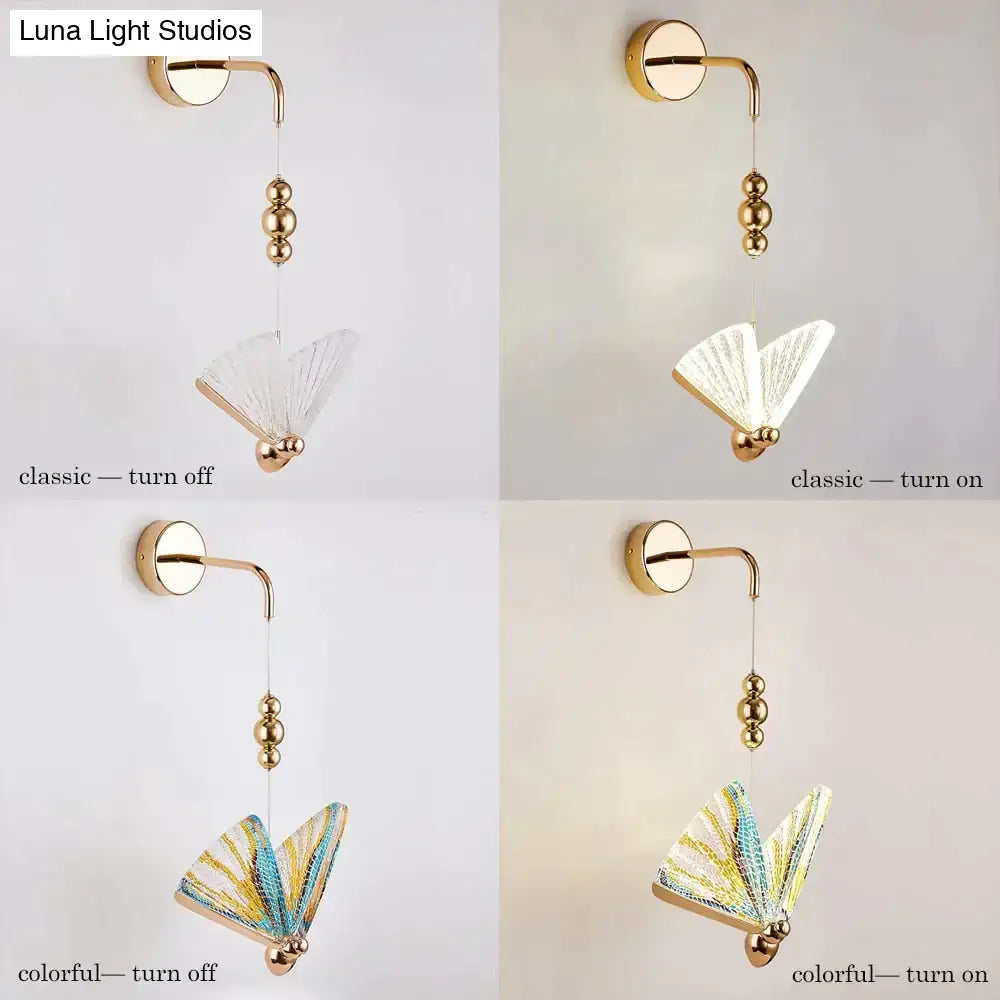 Decorbites Gold Butterfly LED Wall Light with curved arm and hanging butterfly shade on Tampa Home & Garden Store