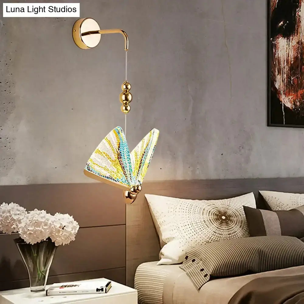 Gold Butterfly LED Wall Light with mosaic shade, brass arm, hanging gold bead chain on Tampa Home & Garden Store