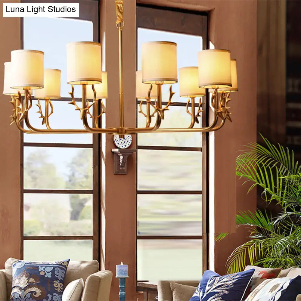 Gold Antler Fabric Chandelier with cream fabric shades, multi-arm gold metal frame by Decorbites on Tampa Home & Garden Store