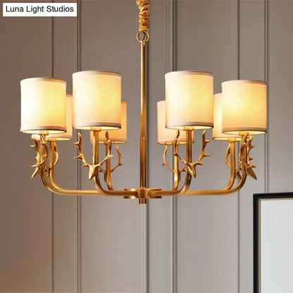 Gold Antler Fabric Chandelier by Decorbites with cream fabric shades and branch-like arms on Tampa Home & Garden Store