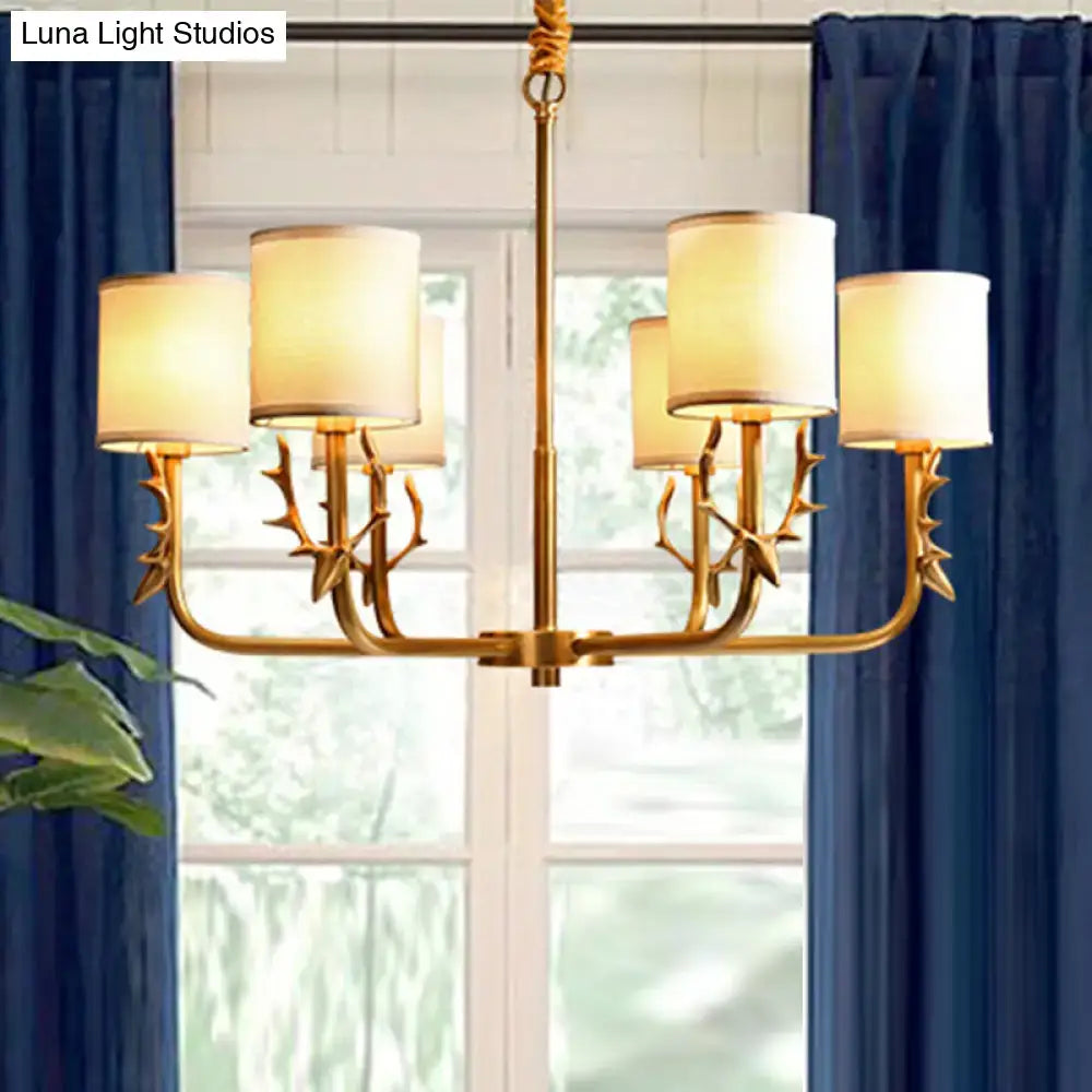 Gold Antler Fabric Chandelier by Decorbites with cream fabric shades and sculpted antler arms on Tampa Home & Garden Store