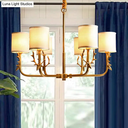 Gold Antler Fabric Chandelier by Decorbites with cream fabric shades and sculpted antler arms on Tampa Home & Garden Store