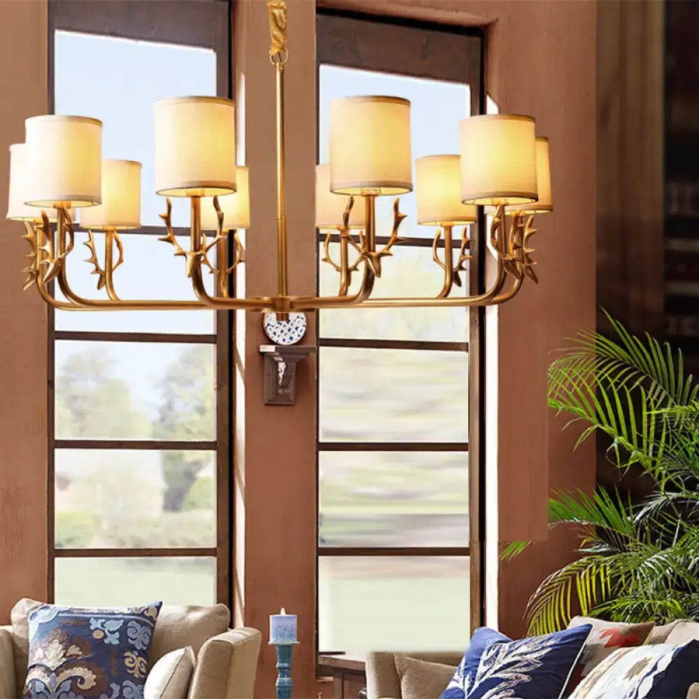 Gold Antler Fabric Chandelier by Decorbites with cream fabric shades and gold finish on Tampa Home & Garden Store