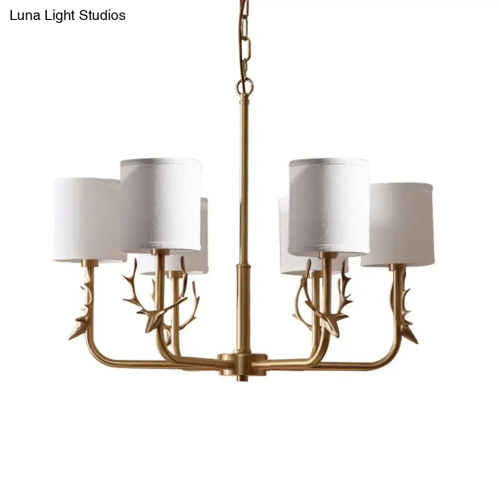 Gold Antler Fabric Chandelier with white fabric shades, 5-light fixture on Tampa Home & Garden Store