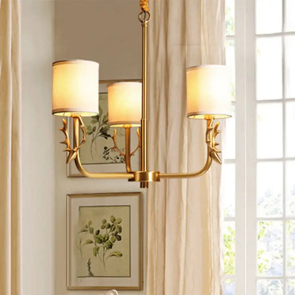Gold Antler Fabric Chandelier with 4 cream lampshades in a gold metal frame by Decorbites on Tampa Home & Garden Store